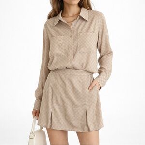 LE LIS Satin Check Button Shirt Mini Skirt Preppy Minimalist 2 Piece Set Size S